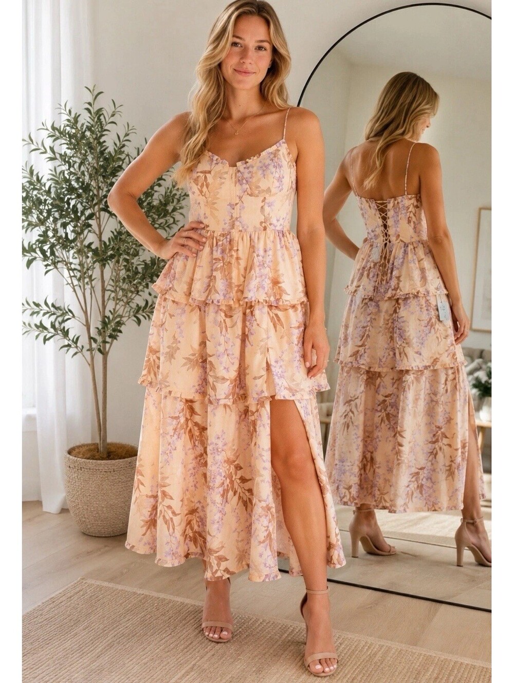 House of Harlow 1960 Corset Tiered Floral Linen V Neck Zimmermann Style Sz Small